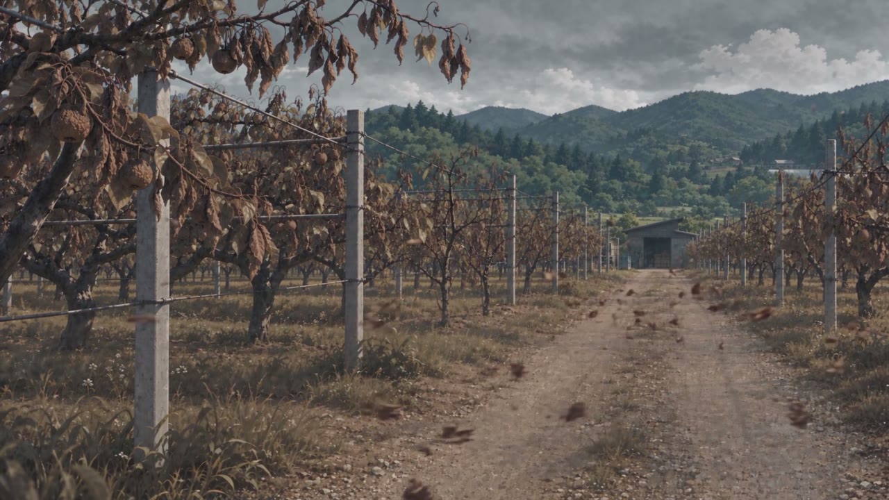 Scene from the MIRIVA film: rows of dead, brown pear trees along an empty orchard road.
