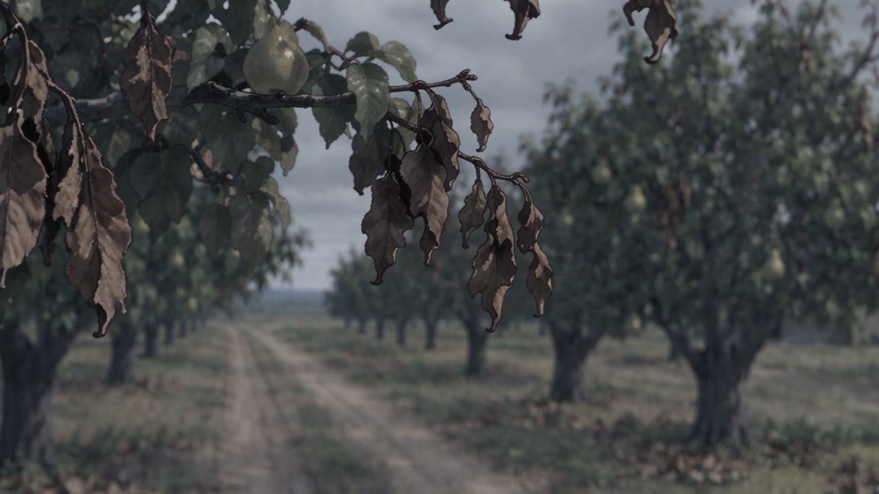 Scene from the MIRIVA film: pear leaves curled and browned as if scorched.