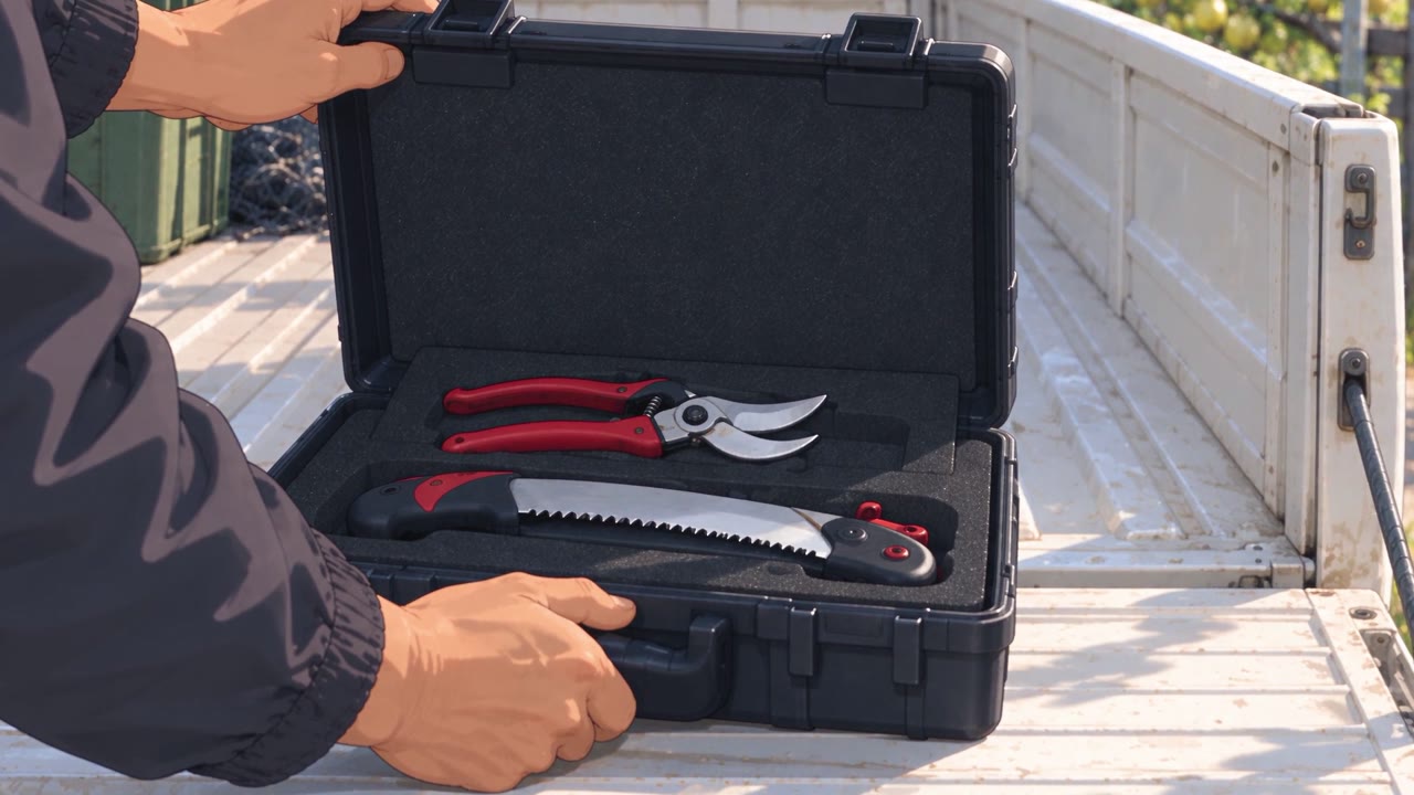 Scene from the MIRIVA film: pruning shears and a saw in an open tool case.